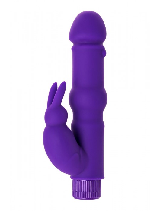 Фиолетовый вибратор с утолщением посередине и клиторальным зайчиком - 18 см. - A-toys