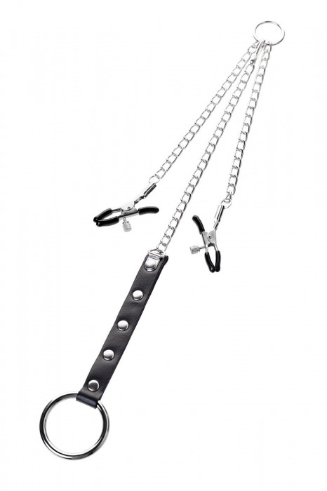 Серебристо-чёрные зажимы для сосков с кольцом для пениса TOYFA Metal - ToyFa - купить с доставкой в Домодедово