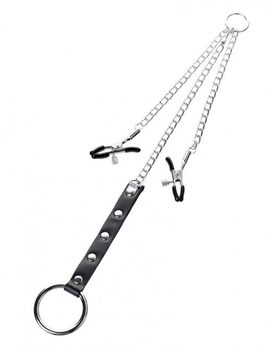 Серебристо-чёрные зажимы для сосков с кольцом для пениса TOYFA Metal - ToyFa - купить с доставкой в Домодедово